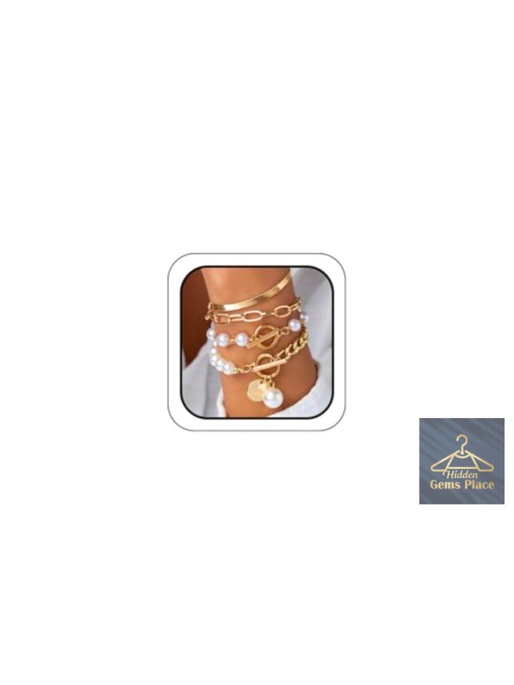 14K Gold OT Buckle Coin Pearl Paperclip Stacked Bracelet Set